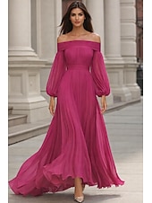 cheap A-Line Evening Dresses-A-Line Floor Length Evening Gown Wedding Guest Dresses Formal Dress Elegant Long Sleeve Off Shoulder Wedding Formal Chiffon with Pleats Ruched
