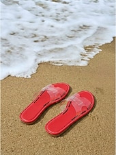 billiga Kvinnor-Färgglada gula strandtofflor för kvinnor - eleganta platta sandaler i genomskinlig PVC med H-remmar för tropiska semestrar och öresor &amp;sommarkläder vid poolen