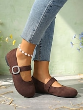 voordelige Platte damesschoenen-Dames Mary Jane platte schoenen met brede pasvorm in koffiekleur – comfortabele, casual platte schoenen met ronde neus en gesp met strasssteentjes, geschikt voor werk, dagelijkse wandelingen en buitenactiviteiten.