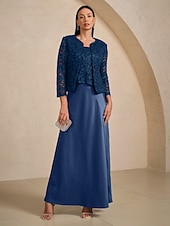 cheap Cocktail Dress-Women's Maxi Dress A Line Dress Satin Elegant Evening Party Lace Glitter Regular Fit Floral Sleeveless Square Neck Navy Blue