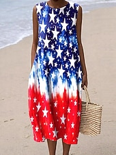  día de la independencia americana Mujer Vestido Midi Vestido de cambio Vestido de verano Vacaciones Fiesta Casual Diario Ajuste regular Holgado Bandera Sin Mangas Cuello Barco Azul Piscina Blanco