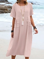 preiswerte Kleider-Damen Midikleid A Linie Kleid Sommerkleid Lässig Täglich Lässiger Schnitt Einfach Kurzarm Rundhalsausschnitt Blau Gelb Rosa Orange Sommer