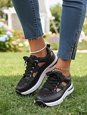 abordables Zapatillas de mujer-Zapatillas beige con cortes para mujer: zapatos informales transpirables con cordones para uso diario, para caminar y viajar.