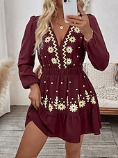 preiswerte Lässige Blumenkleider-Damen Minikleid Boho-Kleid Freizeitkleid Elegant Mode Modern Outdoor Urlaub Ausgehen Normale Passform Blumen Langarm V Ausschnitt Schwarz Wein Rote Grün Sommer Frühling