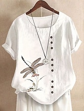preiswerte Hemden-Damen Hemd Bluse Kunstbaumwollleinen Druck Blumen Tiermotiv Vintage Stilvoll Lässig Ärmellos Kurzarm Rundhalsausschnitt Lange Oberteile Täglich Weiß Sommer Frühling