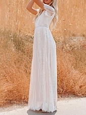 cheap White Lace Dresses-Women's Maxi Dress White Lace Dress Elegant Fashion Modern Outdoor Vacation Going out Regular Fit Plain Short Sleeve V Neck White Summer Spring