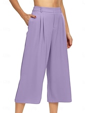 cheap Wide Leg &amp; High Waisted-Women's Capri Pants Wide Leg Chinos Vacation Streetwear Casual Calf-Length Medium Waist Plain Patchwork Pocket Elastic Waist Comfy Comfort Breathable Inelastic Daily Outdoor Streetwear Black Light