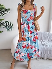 cheap Casual Floral Dresses-Women's Midi Dress Beach Dress A Line Dress Floral Dress Slip Dress Elegant Fashion Modern Outdoor Beach Vacation Regular Fit Floral Sleeveless Square Neck Blue Yellow Green Summer Spring