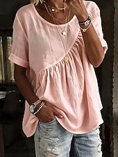 voordelige Overhemden-Dames Blouse Katoenen shirt Met ruches Effen Kleur Dagelijks Stijlvol Basic Korte mouw Strakke ronde hals Normale tops Dagelijks blauw Wit Geel Blozend Roze Groen Zomer Lente Herfst