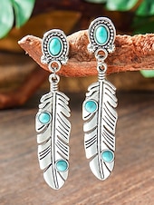 abordables Pendiente de mujer-Pendientes colgantes de hoja turquesa de aleación estilo boho para mujer, pendientes llamativos de plumas de estilo western vintage para uso casual, viajes, vacaciones y estilo resort.