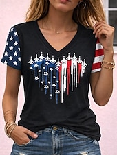  día de la independencia americana Mujer Camiseta Estampado Graphic Bandera Vintage Elegante Clásico Manga Corta Escote en Pico Tops regulares Diario Rojo óxido Negro Blanco Rojo Verano Primavera
