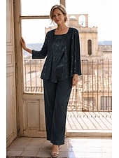 baratos Terninhos de calça da mamãe-Terninho Traje de 3 peças Longo Vestido Para Mãe dos Noivos Sem Manga Scoop pescoço Elegante Convidado do casamento Chiffon Renda Embrulho incluido com Lantejoulas