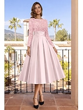 economico Abiti da cocktail-Linea ad A Lunghezza Tè Abiti da Cocktail Abiti da festa Elegante Brillanti Manica Lunga Girocollo Natale Ospite di nozze Raso Velluto con Pieghe Paillettes