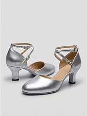 abordables Zapatos de salón y de baile moderno-Zapatos de baile de salón para mujer, color burdeos charol, con tira cruzada, tacón bajo, estilo clásico para vals y foxtrot. &amp;Tacones de baile cómodos y elegantes para practicar.