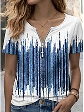 preiswerte Streifen- und geometrisches T-Shirt-Damen T Shirt Reißverschluss Viertel Postleitzahl Grafik Geometrisch Farbblock Tropisch Hawaiianisch Stilvoll Kurzarm Rundhalsausschnitt V Ausschnitt Normale Oberteile Täglich Sport Ausgehen Wei