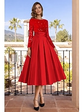 economico Abiti da cocktail-Linea ad A Lunghezza Tè Abiti da Cocktail Abiti da festa Elegante Brillanti Manica Lunga Girocollo Natale Ospite di nozze Raso Velluto con Pieghe Paillettes