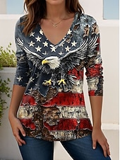 Χαμηλού Κόστους Ημέρα Ανεξαρτησίας Κορυφή-Ημέρα Αμερικανικής Ανεξαρτησίας Γυναικεία Μπλουζάκι Στάμπα Γραφική Αμερικάνικη σημαία Βίντατζ Στυλάτο Κλασσικό Μακρυμάνικο Λαιμόκοψη V Κανονικά μπλουζάκια Καθημερινά Σαββατοκύριακο