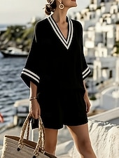 cheap Sets-Women's Linen-feel Set Shorts Sets 3/4 Length Sleeve V Neck Striped Vacation Daily Casual Daily Outdoor Black White Khaki Summer Loose Fit