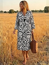 tanie Arte &amp; Design Abiti-Women's Midi Dress Sundress A Line Dress Vacation Casual Boho Beach Party Loose Fit Graphic Abstract Long Sleeve V Neck Black Orange Green Summer Spring