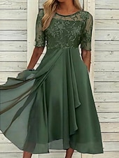 preiswerte Chiffonkleider-Damen Midikleid Spitzenkleid Cocktailkleid Kleid für Hochzeitsgäste Chiffonkleid Elegant Formell Party Hochzeit Normale Passform Halbarm Rundhalsausschnitt Blau Rosa Wein Dunkelgrün Sommer