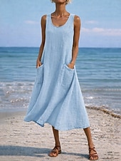 abordables Vestidos-Mujer Vestido maxi Vestido de cambio Vestido de verano Casual Diario Holgado Plano Sin Mangas Cuello Barco Azul Piscina Negro Blanco Verde Claro Verano Primavera Otoño