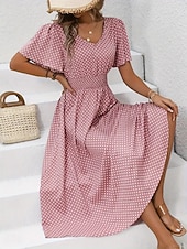 ieftine Rochii florale-Pentru femei Rochii Midi Rochie casual Rochie imprimata Elegant Modă Modern În aer liber Vacanță Ieșire Fit regulat Buline Manșon scurt În V Albastru piscină Negru Galben Roz Îmbujorat Vară Primăvară