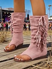 tanie Kobiety-Damskie czarne zamszowe sandały z frędzlami - boho, płaskie, letnie botki z odkrytymi palcami, frędzlami i paskiem z klamrą, idealne na festiwale muzyczne i koncerty rockowe &amp;wydarzenia w stylu