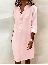 Χαμηλού Κόστους Βασικά Ψεύτικα Φορέματα-Γυναικεία Μίντι φόρεμα Λινό από ψεύτικο βαμβάκι Φόρεμα ριχτό Καθημερινό Καθημερινά Χαλαρή Εφαρμογή Σκέτο Μακρυμάνικο Λαιμόκοψη V Βαθυγάλαζο Ανθισμένο Ροζ Ρουμπίνι Καλοκαίρι Άνοιξη Φθινόπωρο