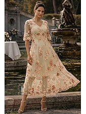 economico Lunghezza alla caviglia-Linea ad A Abito Lunghezza alla caviglia Lunghezza Tè Vestito maxi Vestito da Festa Abito da Cocktail Abito da cerimonia per signora Manica Corta Scollo a V Elegante Vintage Lussuoso Formale Ospite