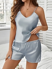 preiswerte Damen Nachthemden und Sleepshirts-Damen Schlafanzug Freizeitkleidung Lässig Einfarbig Spitze Elastischer Bund Rückenfrei Shorts Urlaub Straße Date Ärmellos V Ausschnitt Rosa Rote Purpur Grün Beige Sommer Frühling Normale Passform