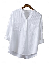 cheap Plain Blouses-Women's 100% Cotton Blouse Shirt Faux Linen Solid Color Elegant Daily Basic Long Sleeve V Neck Regular Tops Daily Black White Yellow Purple Spring Fall