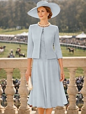 economico Set di abiti per la mamma-Due Pezzi Tubino Colonna Lunghezza al ginocchio Abito da invitata a nozze Abito da cerimonia per signora Manica 3/4 Collo gioiello Elegante Ospite di nozze Chiesa Chiffon Raso Pizzo Abiti Corti con