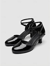 abordables Zapatos de salón y de baile moderno-Zapatos de baile de salón para mujer, color burdeos charol, con tira cruzada, tacón bajo, estilo clásico para vals y foxtrot. &amp;Tacones de baile cómodos y elegantes para practicar.
