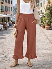  Mulheres Calças de linho de algodão Perna larga chinês Férias Roupa de rua Casual Comprimento total Cintura Média Tecido Bolsos Cintura elástica Conforto Confortável Sem Elasticidade Diário Ao ar