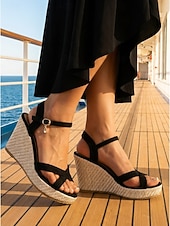 economico Sandali con zeppa-sandali con zeppa espadrillas neri da donna - eleganti tacchi a spillo con cinturino incrociato e fibbia alla caviglia &amp;fascino per vacanze in crociera, cene formali sul ponte &amp;abbigliamento da resort
