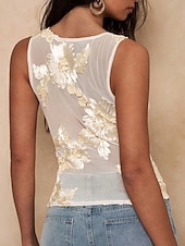 voordelige Gewone Tank-Dames Singlet Mouwloos shirt T-shirt Geborduurd Netstof Bloemig Modieus Klassiek Casual Mouwloos Strakke ronde hals Normale tops Dagelijks Uitgaan Weekend blauw Abrikoos Zomer Lente