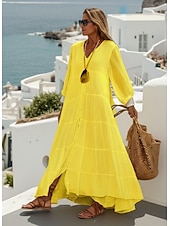 abordables Vestidos-Mujer Vestido largo maxi Vestido maxi Lino de algodón sintético Vestido de Camisa Vestido de verano Vestido Kaftan Vacaciones Básico Moderno Diario Fin de semana Holgado Plano Manga 3/4 Escote en Pico