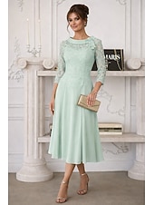 voordelige Enkel Lengte-Strak kolom Over de knie Feestjurk Cocktail jurk Bruiloft gast jurk Moeder van de bruid jurk 3/4 mouw Ronde hals Feest Zoet Bruiloft gast Semi formeel Chiffon Kant met Plooien Kralen