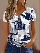 preiswerte Streifen- und geometrisches T-Shirt-Damen T Shirt Reißverschluss Viertel Postleitzahl Grafik Geometrisch Farbblock Tropisch Hawaiianisch Stilvoll Kurzarm Rundhalsausschnitt V Ausschnitt Normale Oberteile Täglich Sport Ausgehen Wei