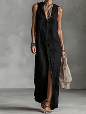 cheap Dresses-Women's Maxi Dress Linen-feel Dresses Shirt Dress Casual Dress Cotton Linen Dress Elegant Fashion Modern Outdoor Vacation Going out Regular Fit Plain Sleeveless Hooded Black Dusty Rose Navy Blue