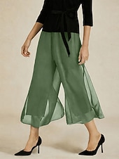  Damen Weites Bein Chinos Elegant Wadenlang Mittlere Taillenlinie Dehnbar Schiefergrün Sommer Frühling Herbst