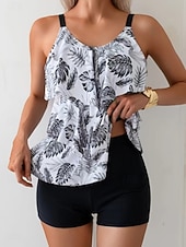 رخيصةأون مايوهات تانكيني-نسائي ملابس السباحة تانكيني 2 قطعة عالي الخصر ملابس السباحة بنطلون رياضي للبطن عالي الخصر ضعيف بدون ظهر أنيق العطلة أوراق سكوب بدون كم بدلة سباحة