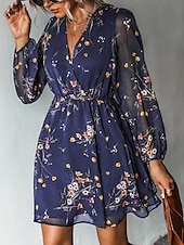 voordelige Chiffon Jurken-Dames Mini-jurk Casual jurk Chiffon jurk Jurk met print Elegant Modieus Modern Buiten Vakantie Uitgaan Normale pasvorm Bloemig Lange mouw V-hals blauw Zwart Leger Groen Paars Zomer Lente Herfst