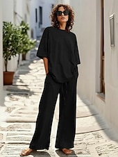 cheap Sets-15% Linen Women's Pants Sets Linen Sets Basic Pure Color Pocket Elastic Waist T Shirt Pant Daily Street Long Sleeve Crew Neck Blue Black White Navy Blue Light Brown Summer Spring