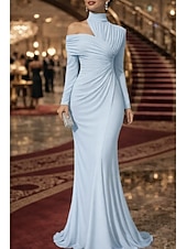 economico Abiti da Sera Sirena-Sirena Tromba Lunghezza al pavimento Abito da Sera Elegante Abito da sera stile impero Manica Lunga Collo Alto Festa serale Matrimonio Raso Elasticizzato con Pieghe Tinta unita