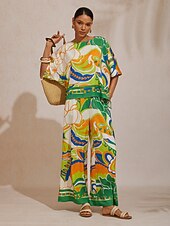 お買い得  パンツ-ボヘミアン風ペイズリー柄シルクサテンのワイドレッグパンツ
