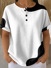  T-shirt en gaufre pour femmes impression graphique géométrique vintage élégant classique à manches courtes col rond hauts réguliers quotidiens noir et blanc noir blanc jaune rouge été printemps