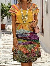  Dame Mini kjole Uformell kjole Print kjole Peplum kjoler Elegant Mote Moderne utendørs Feriereise Ut på byen Normal Blomstret Sol Kortermet Crew-hals Oransje Sommer Vår