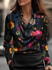  Mulheres Camisa Social Imprimir Com Pregas Floral Gráfico Elegante à moda Casual Manga Longa Gola Boba Tops regulares Diário Trabalho Feriado Preto Verão Primavera Outono