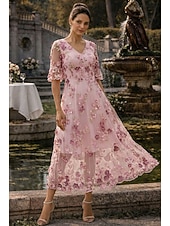 economico Lunghezza alla caviglia-Linea ad A Abito Lunghezza alla caviglia Lunghezza Tè Vestito maxi Vestito da Festa Abito da Cocktail Abito da cerimonia per signora Manica Corta Scollo a V Elegante Vintage Lussuoso Formale Ospite